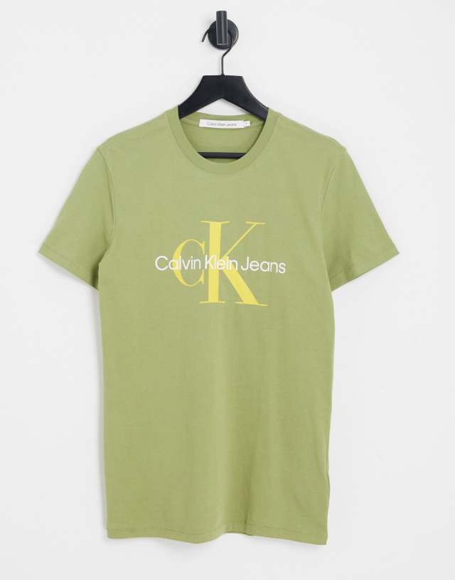 Calvin Klein Jeans monogram chest logo slim fit T-shirt in sage