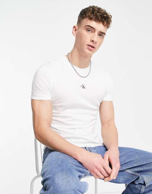 Calvin Klein logo tape collar and side patch t-shirt in white