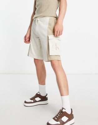 Calvin Klein Jeans monogram jersey shorts in stone exclusive to ASOS - ASOS Price Checker