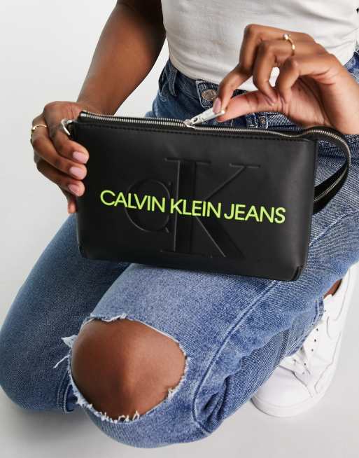 Calvin Klein Jeans faux leather monogram logo shoulder bag in black