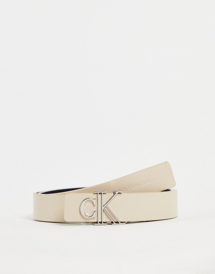 Calvin Klein Jeans monogram logo belt in cream-White