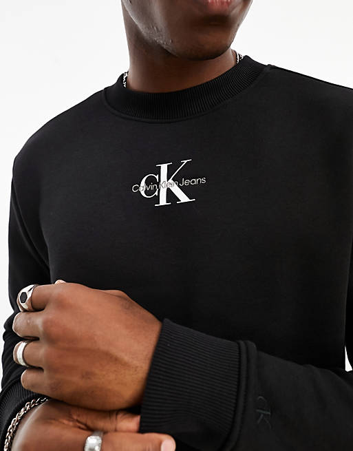 Calvin Klein Jeans monogram logo crew neck sweatshirt in black | ASOS