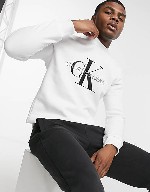 Calvin Klein Jeans monogram logo crew sweater in white | ASOS | Sweatshirts