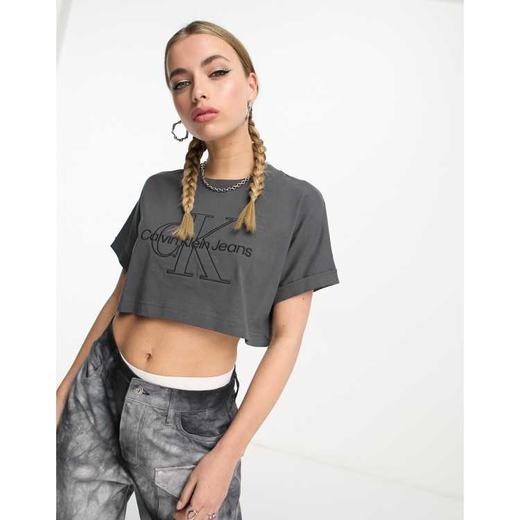 Calvin Klein Jeans monogram logo cropped t-shirt in washed black