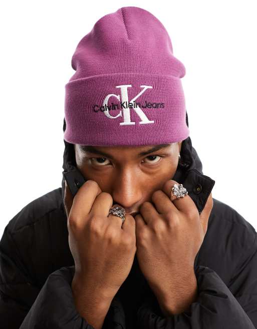 Calvin Klein Jeans monogram logo embroidered beanie in purple ASOS