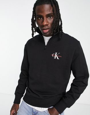 Calvin Klein Jeans monogram logo half zip sweatshirt in black