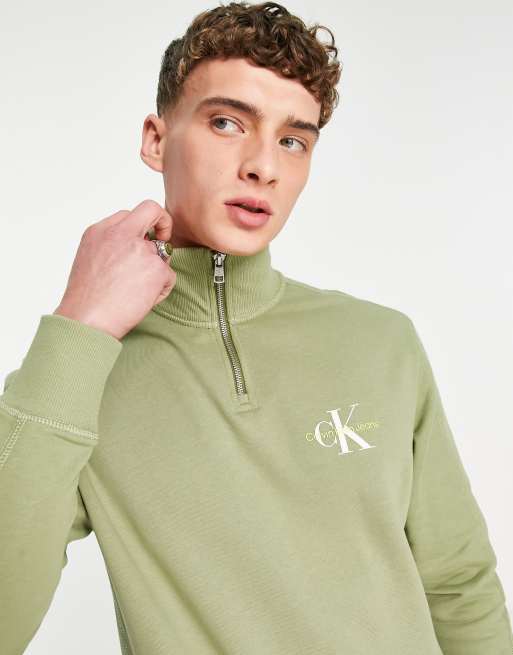 Calvin Klein Jeans monogram logo half zip sweatshirt in green