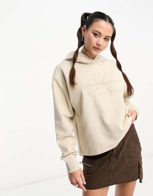Calvin Klein Jeans monogram logo hoodie in beige
