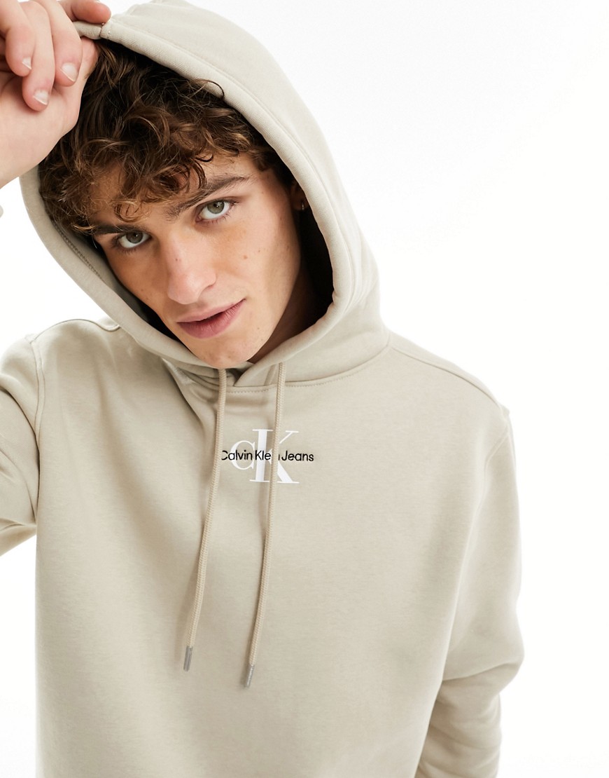 Calvin Klein Jeans monogram logo hoodie in taupe-Brown