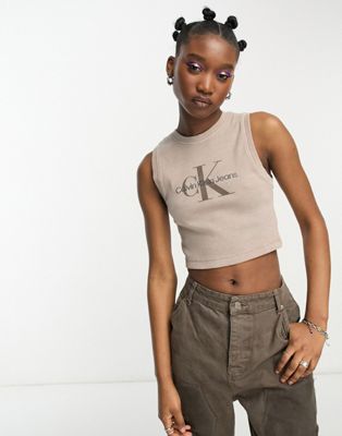 Calvin Klein Jeans monogram logo knitted tank top in beige