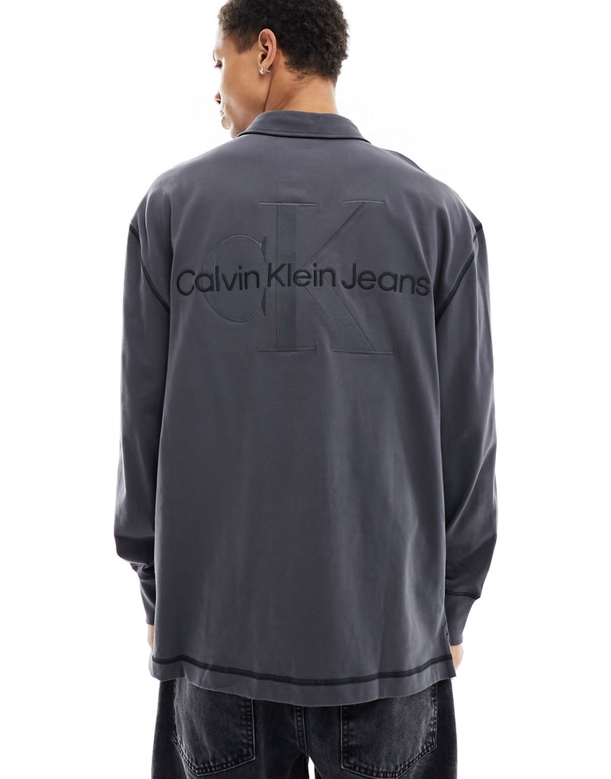 Calvin Klein Jeans monogram logo long sleeve rugby polo shirt in black