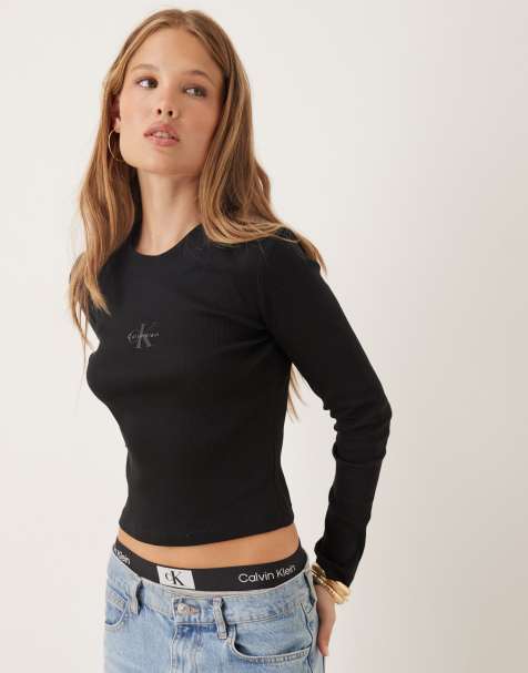 Calvin Klein Jeans monogram logo long sleeve top in black - view 1