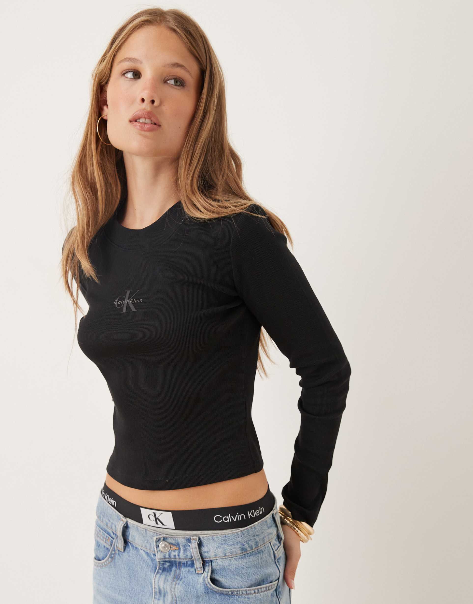 calvin klein jeans monogram logo long sleeve top in black