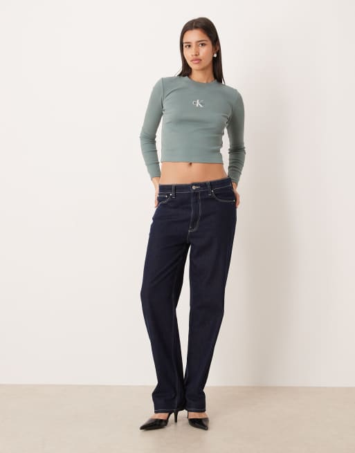 Calvin Klein Jeans Monogram Logo long sleeve top in faded green , 3 of 4