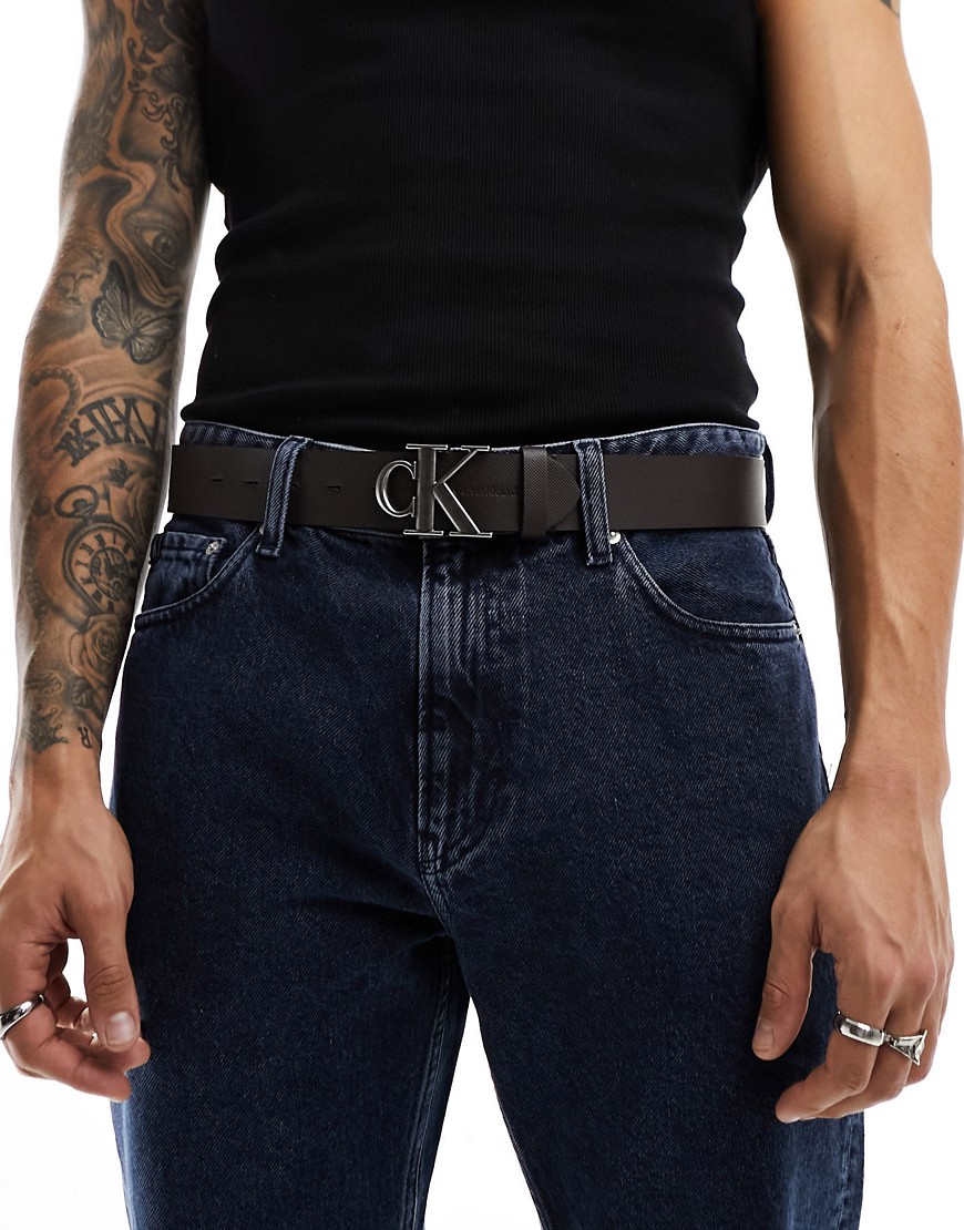 Calvin Klein Jeans monogram logo plaque leather 40mm belt in brown