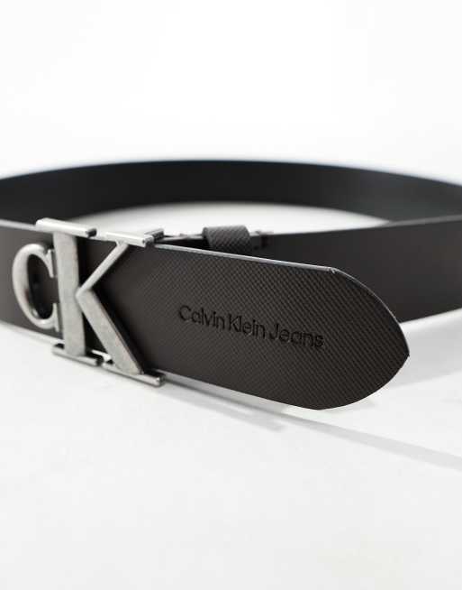 Calvin Klein Jeans monogram logo plaque leather 40mm belt in brown 