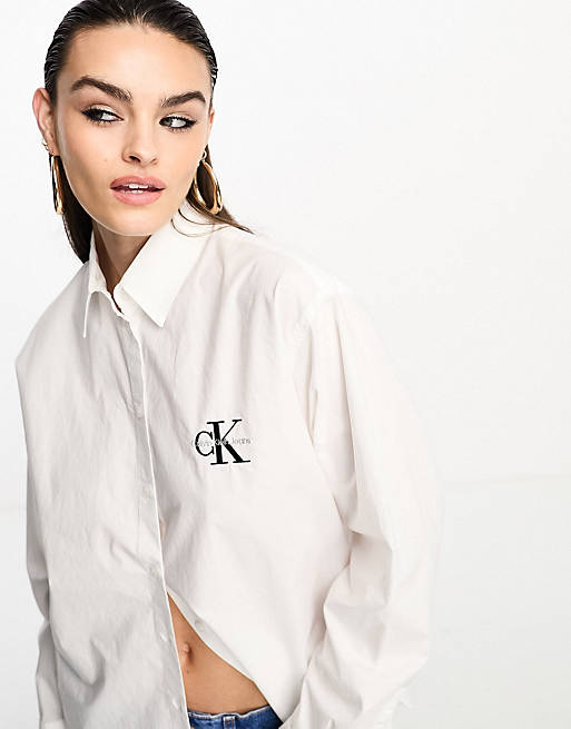 Calvin Klein Jeans monogram logo relaxed shirt in white | ASOS
