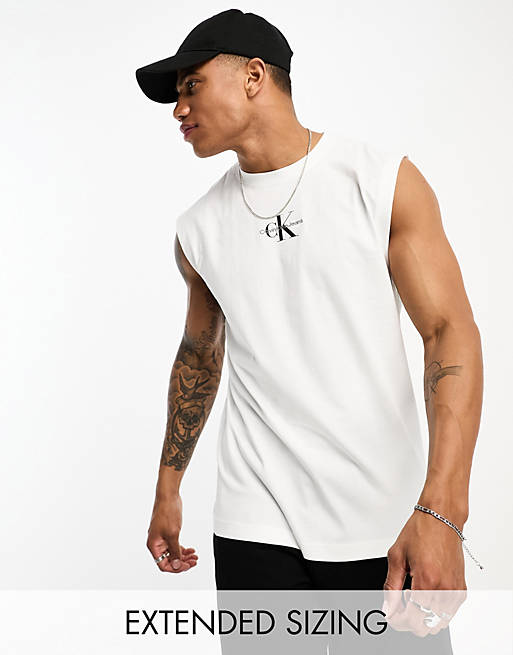 Calvin Klein Jeans monogram logo sleeveless vest in white | ASOS