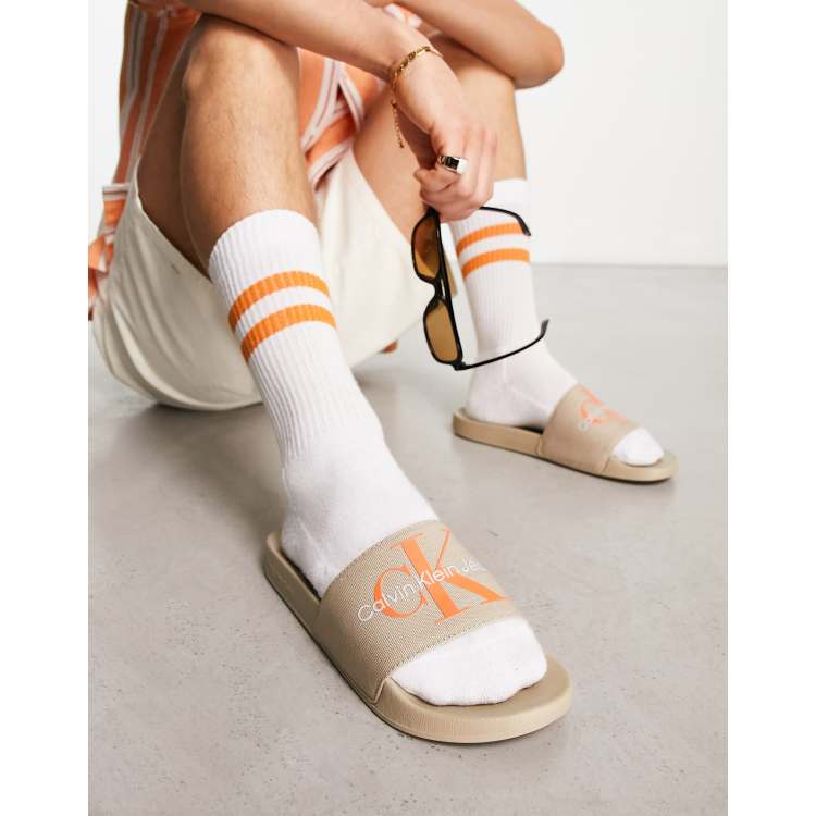 Calvin Klein Jeans monogram logo sliders in beige ASOS