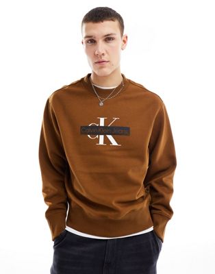 Shop Calvin Klein Jeans Est.1978 Monogram Logo Stencil Crew Neck Sweatshirt In Brown