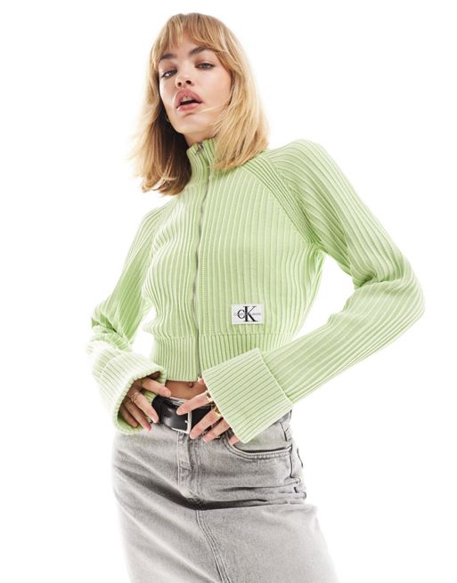 Calvin Klein Jeans monogram logo sweater cardigan in mint | ASOS