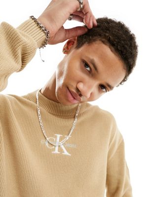 Calvin Klein Jeans monogram logo sweater in sand-Neutral