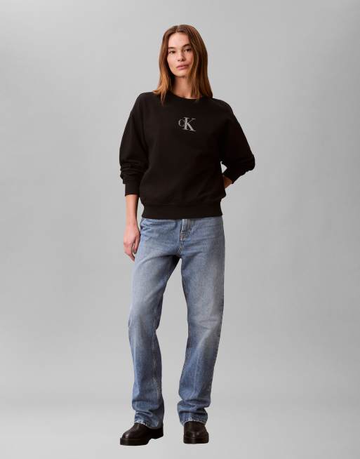 Calvin Klein Jeans Monogram Logo sweatshirt in metallic black , 2 of 4
