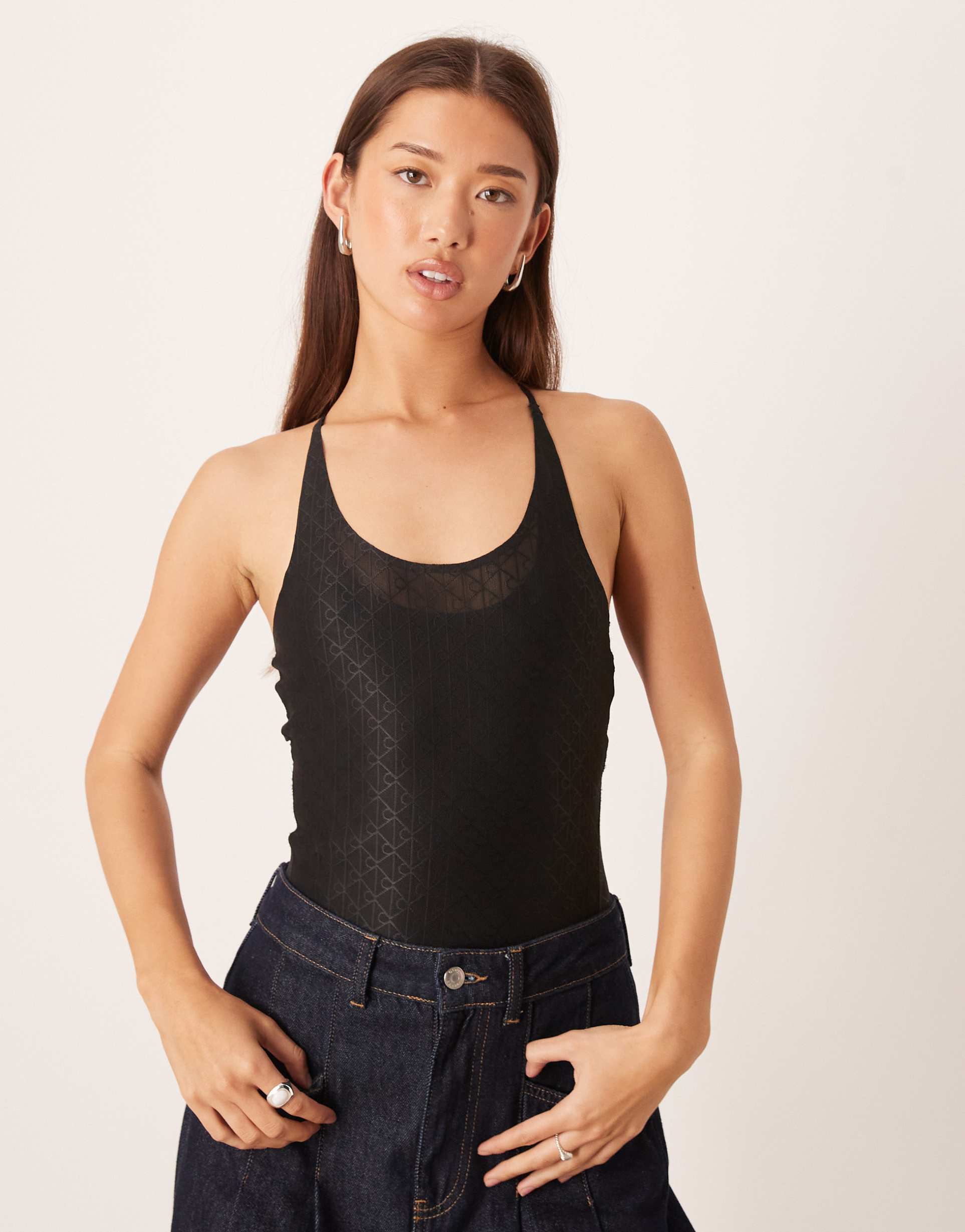 calvin klein jeans monogram mesh bodysuit in black
