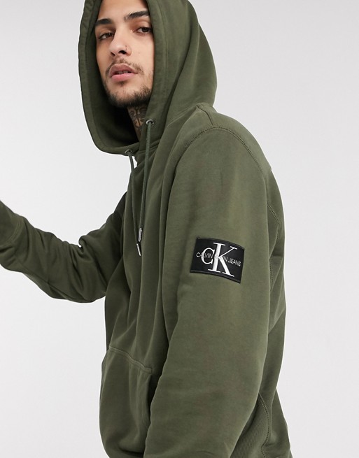 Calvin Klein Jeans monogram sleeve badge hoodie in khaki