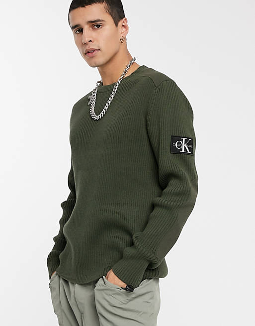 Calvin Klein Jeans monogram sleeve badge jumper in khaki | ASOS