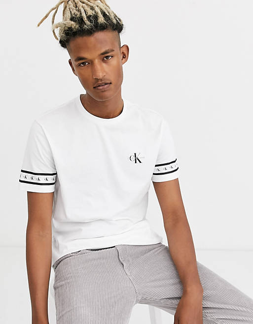 Calvin Klein Jeans monogram sleeve print crew neck t-shirt in white | ASOS