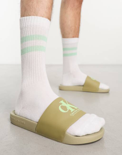 Calvin Klein Jeans monogram sliders in green ASOS