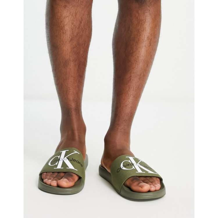 Calvin Klein Jeans monogram sliders in khaki ASOS