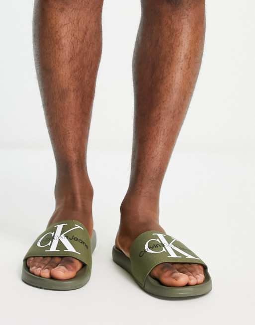 Calvin Klein Jeans monogram sliders in khaki ASOS