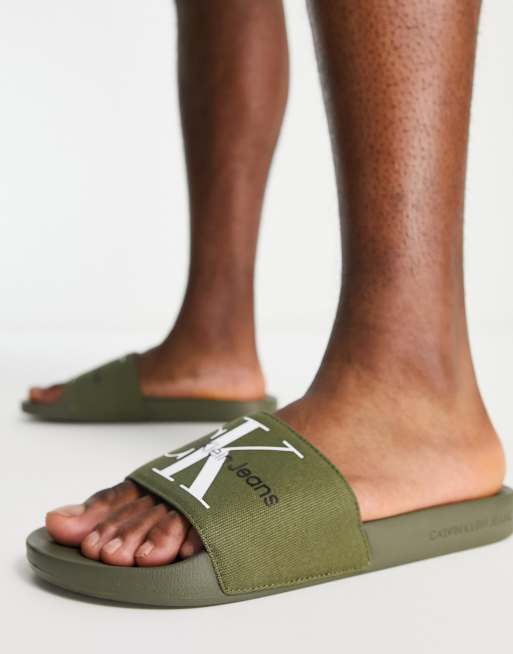 Calvin Klein Jeans monogram sliders in khaki ASOS