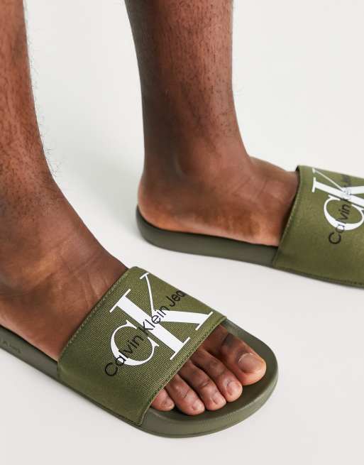 Calvin Klein Jeans monogram sliders in khaki ASOS