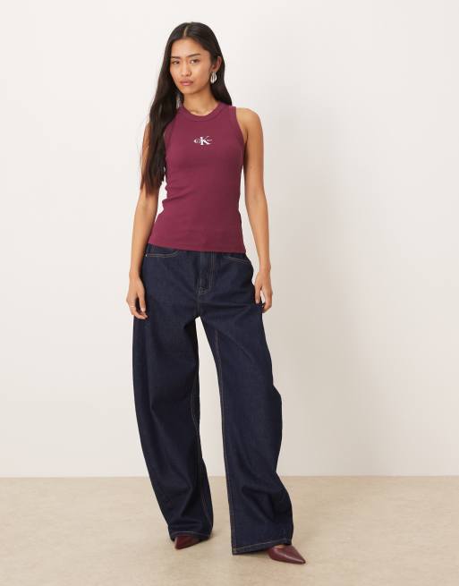 Calvin Klein Jeans Monogram slim fit Logo rib tank top in berry , 3 of 4