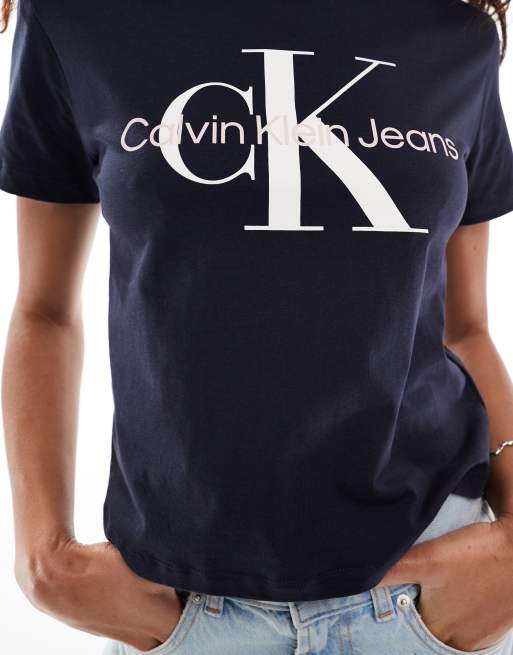 Calvin Klein Jeans monologo baby tee in dark navy, 2 of 4