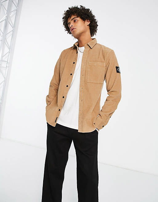Calvin Klein Jeans monologo badge corduroy shirt in camel | ASOS