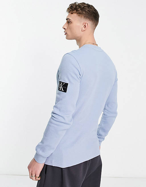 Calvin Klein Jeans monologo badge waffle slim fit long sleeve top in light  blue | ASOS
