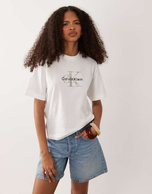 Calvin Klein Jeans Monologo boxy t-shirt in white, 2 of 4