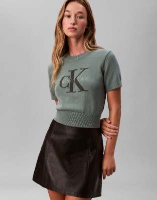 Calvin Klein Jeans - Monologo - Cropped-Pullover in Herbstgrün-Grau