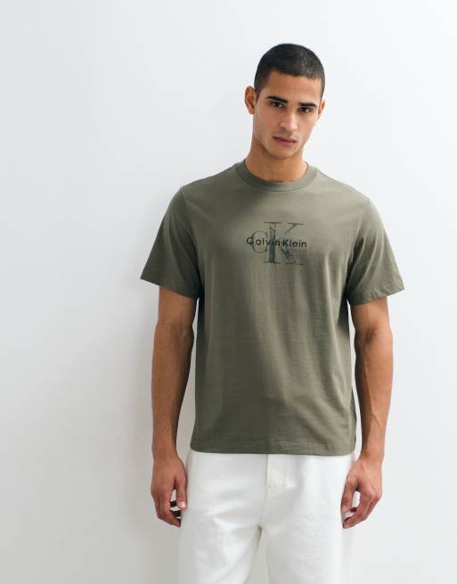 Calvin Klein Jeans Monologo distressed graphic t-shirt in khaki green, 5 of 5