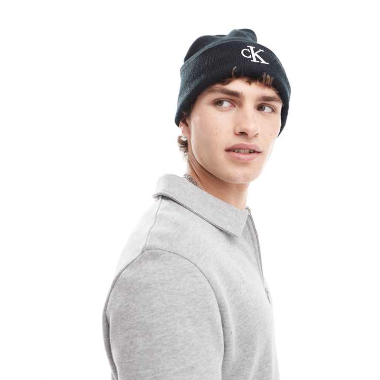 Calvin Klein Jeans monologo embroidered beanie in black | ASOS