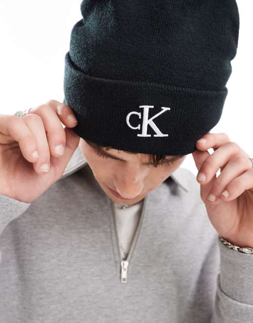 Calvin Klein Jeans monologo embroidered beanie in black ASOS