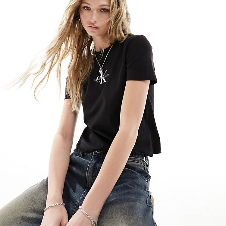 Calvin Klein Jeans – Monologo – Knapp geschnittenes T-Shirt in Schwarz mit  Logo | ASOS