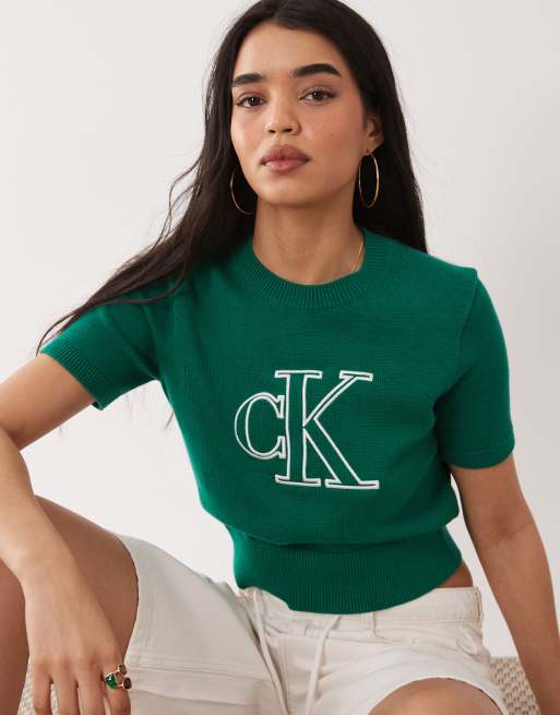 Calvin Klein Jeans monologo knit top in green , 3 of 4