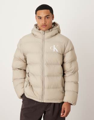 Calvin Klein Jeans Est.1978 Monologo Puffer Jacket In Neutral