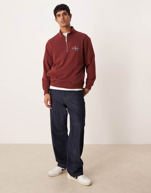 Calvin Klein Jeans Monologo quarter zip jumper in burgundy, 2 of 5