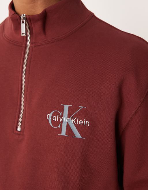 Calvin Klein Jeans Monologo quarter zip jumper in burgundy, 4 of 5